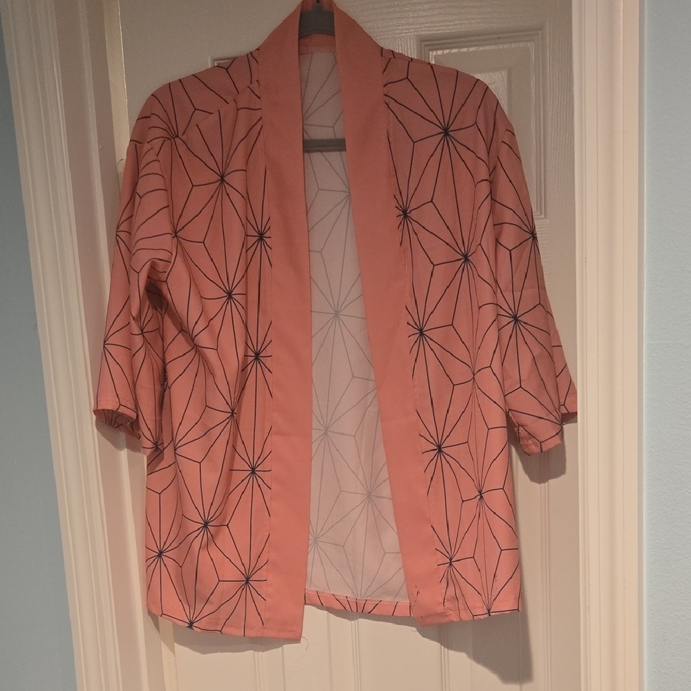 Pink Kimono with Black Geometric Pattern